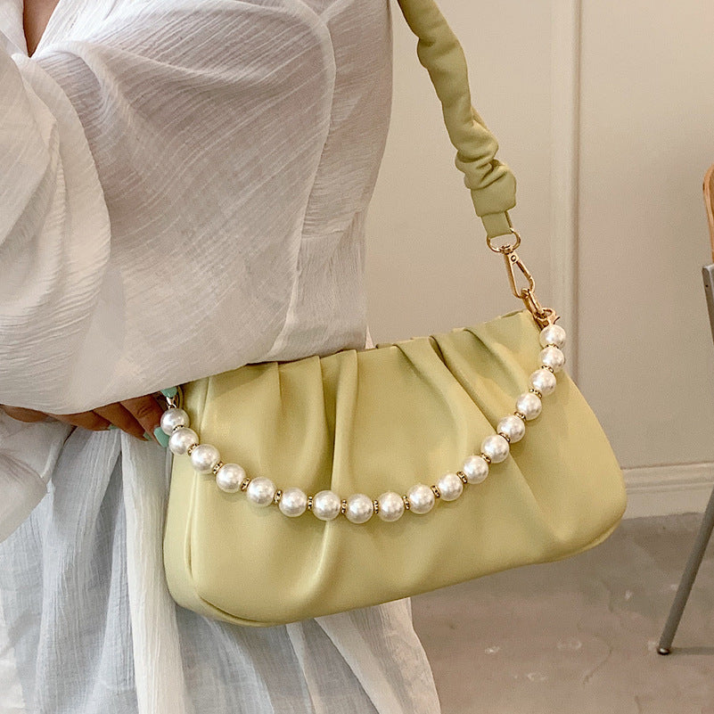 Wrinkled  Cloud Bag with Pearl Chain Shoulder Strap