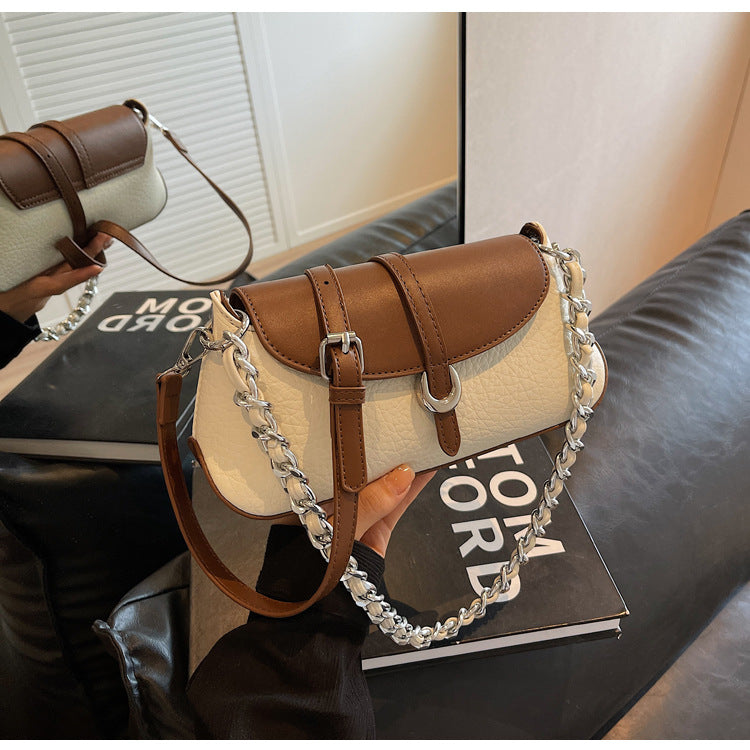 French Niche Chain Underarm Contrast  Baguette Bag
