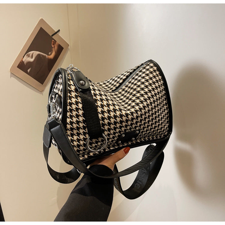 Houndstooth Woolen Wide Strap Pillow Shoulder Bag