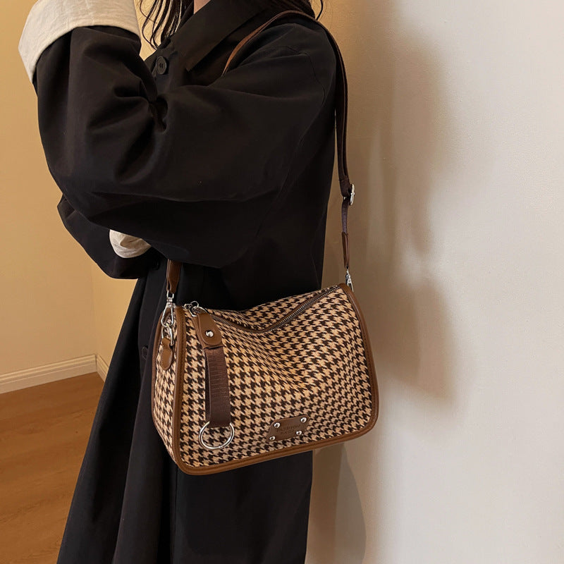 Houndstooth Woolen Wide Strap Pillow Shoulder Bag