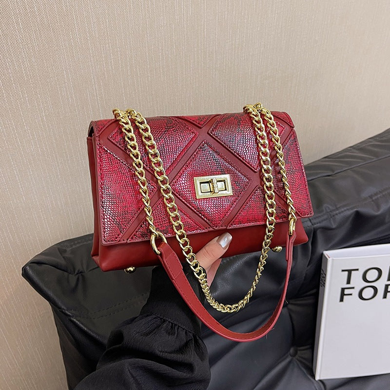 Snakeskin Pattern Faux Leather Chain Diamond Crossbody