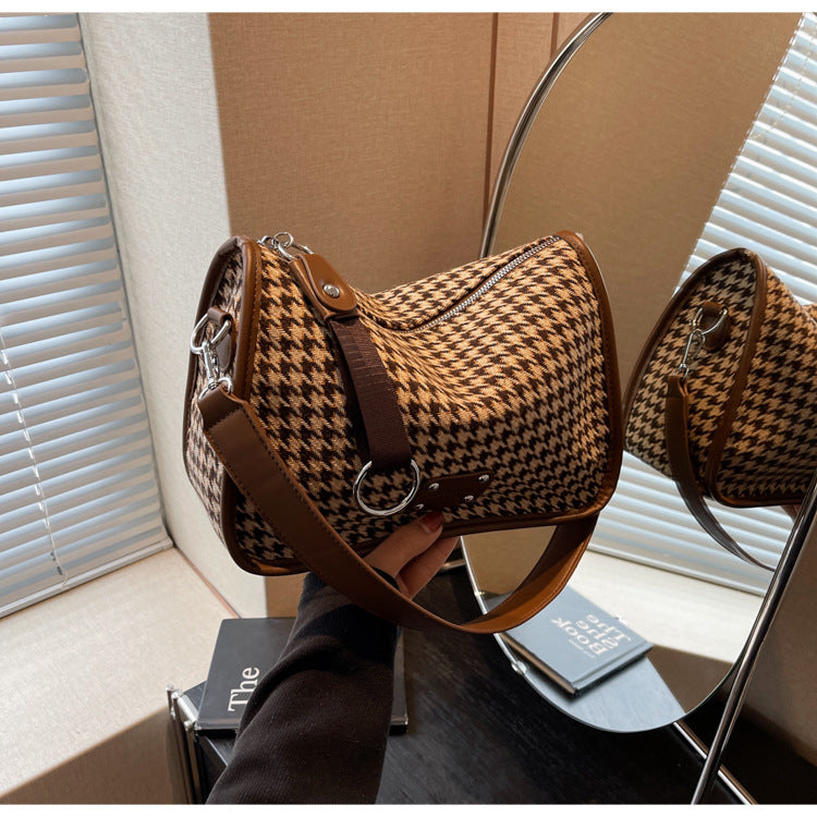 Houndstooth Woolen Wide Strap Pillow Shoulder Bag
