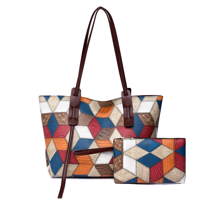 Diamond Spliced PU Leather Mother-Daughter Commuter Tote Bag