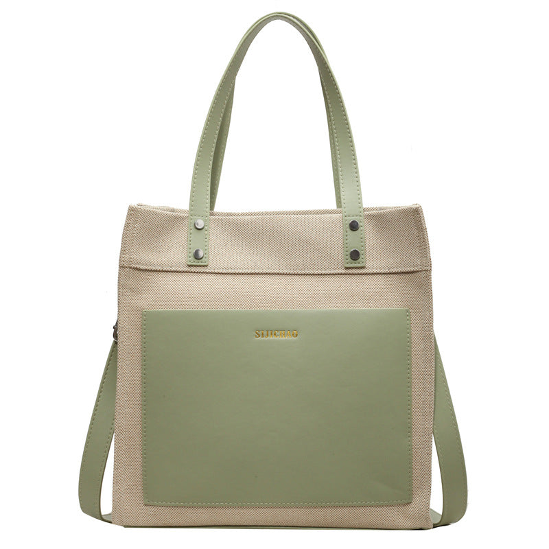 Large Contrast Color Denim Vertical Retro Tote