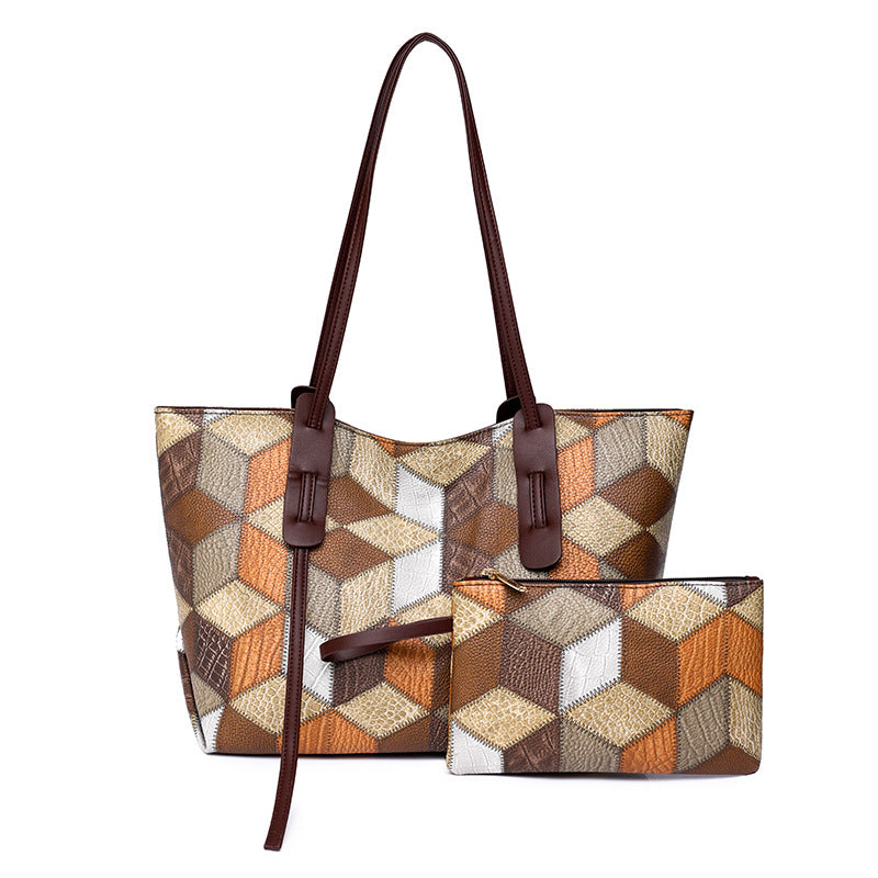 Diamond Spliced PU Leather Mother-Daughter Commuter Tote Bag