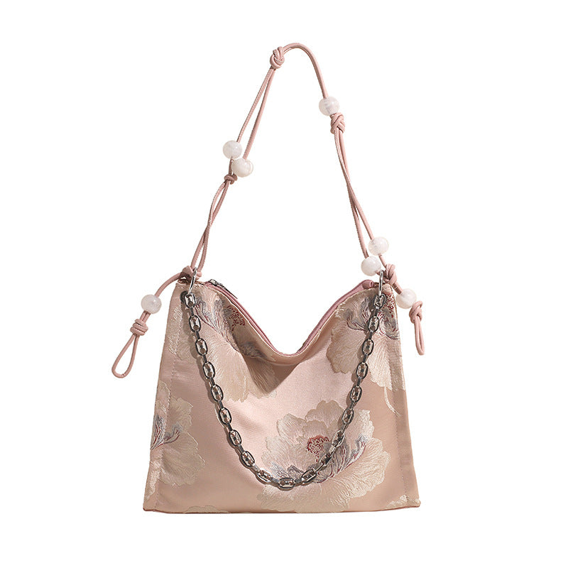 Chinese Embroidered Pearl Canvas Underarm Commuter Tote