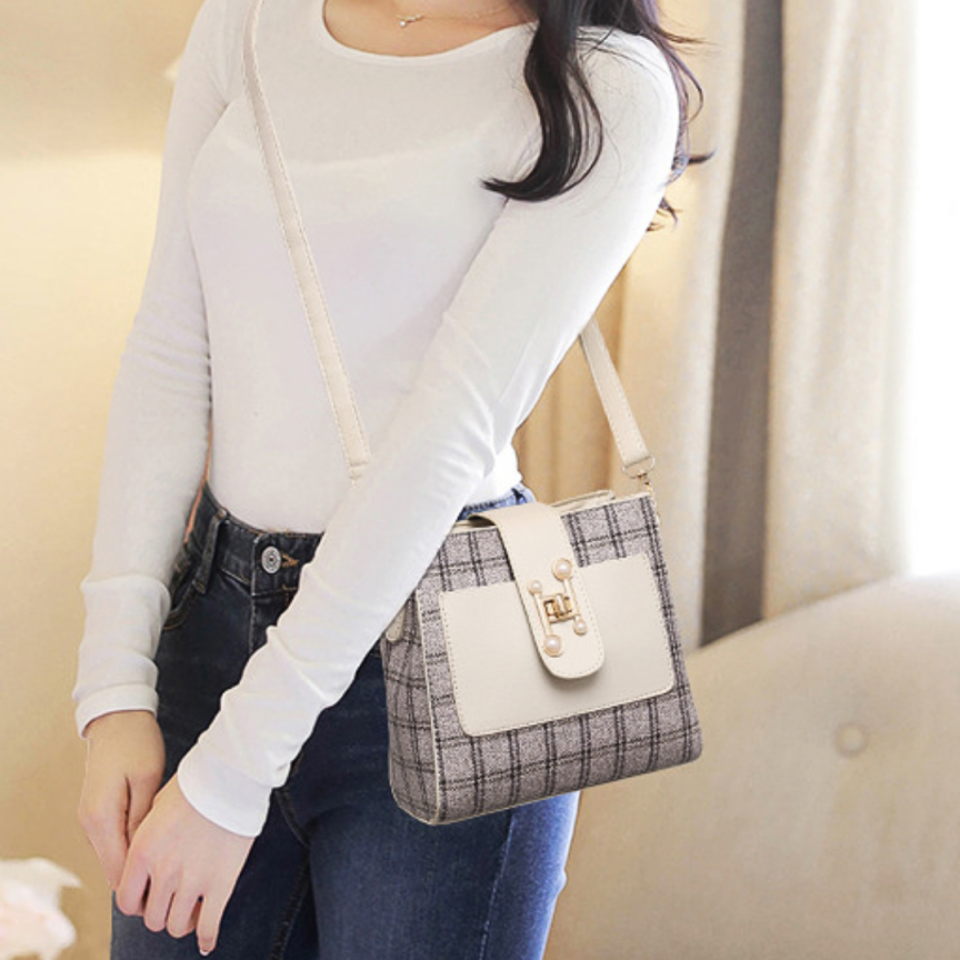 Fashionable Plaid Bucket PU Leather Shoulder Bag