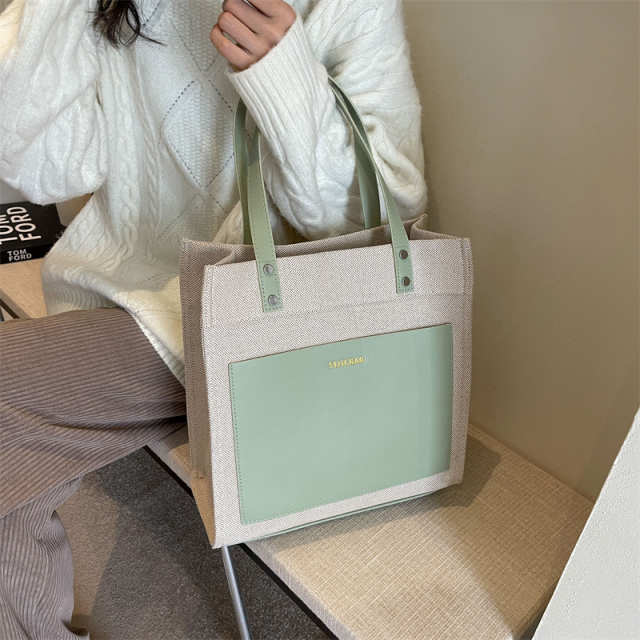 Large Contrast Color Denim Vertical Retro Tote
