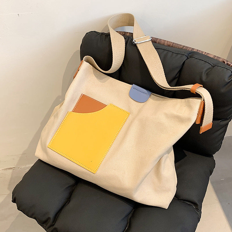 Contrast Color Canvas Bucket Tote Bag