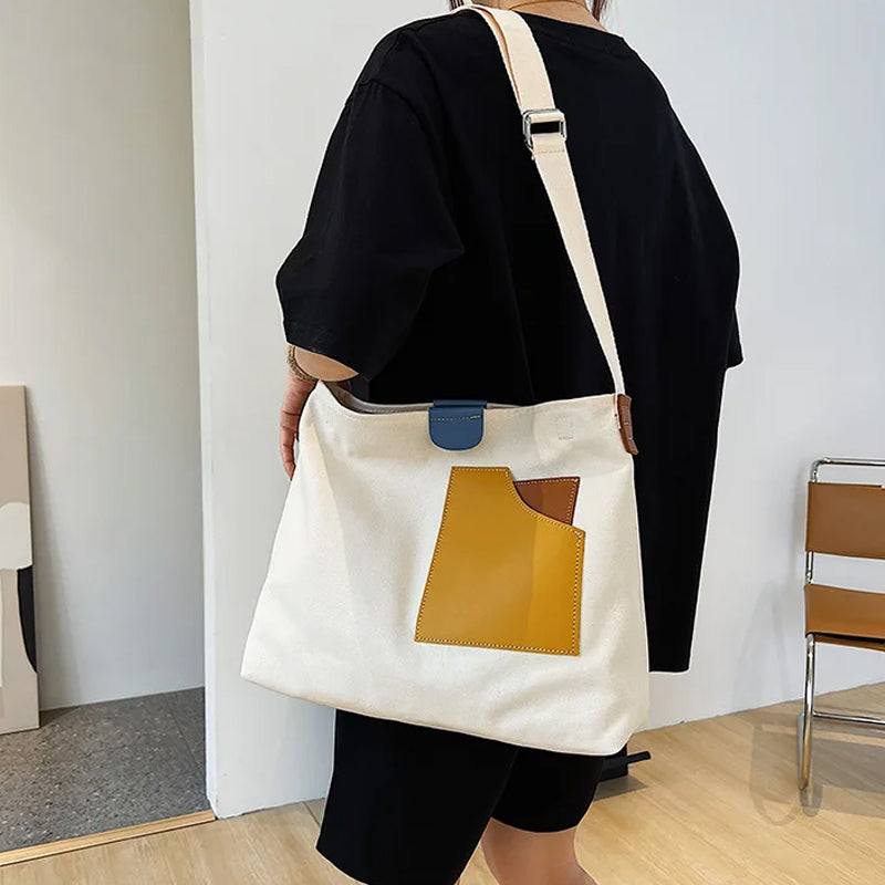 Contrast Color Canvas Bucket Tote Bag